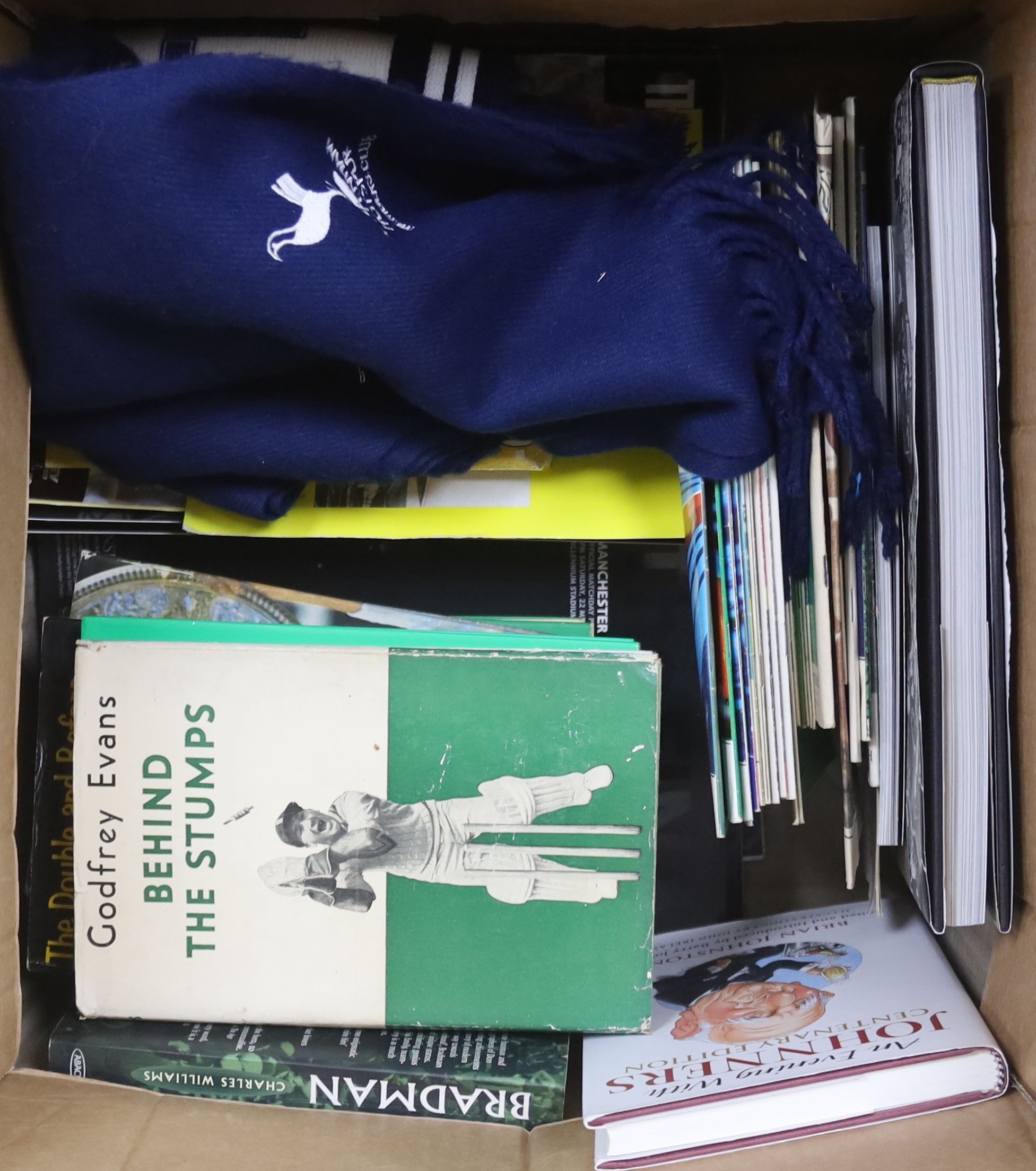 A small group of sporting books, including some signed, The Bradman Albums, a Ted Dexter signed miniature bat, Tottenham Hotspur ephemera and Cup Final programmes from the 1940's.